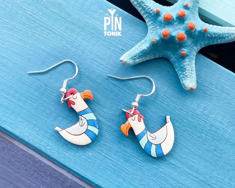 Bijoux - Boucles d'oreilles mouette - Bois peint original et argent sterling - Bijoux nautiques - PINTONIK