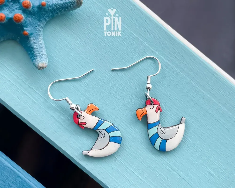 Bijoux - Boucles d'oreilles mouette - Bois peint original et argent sterling - Bijoux nautiques - PINTONIK
