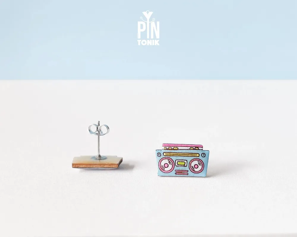 Jewelry - Retro Boombox Earrings - Funky Music Earrings - Quirky 80s Wood Jewelry - PINTONIK