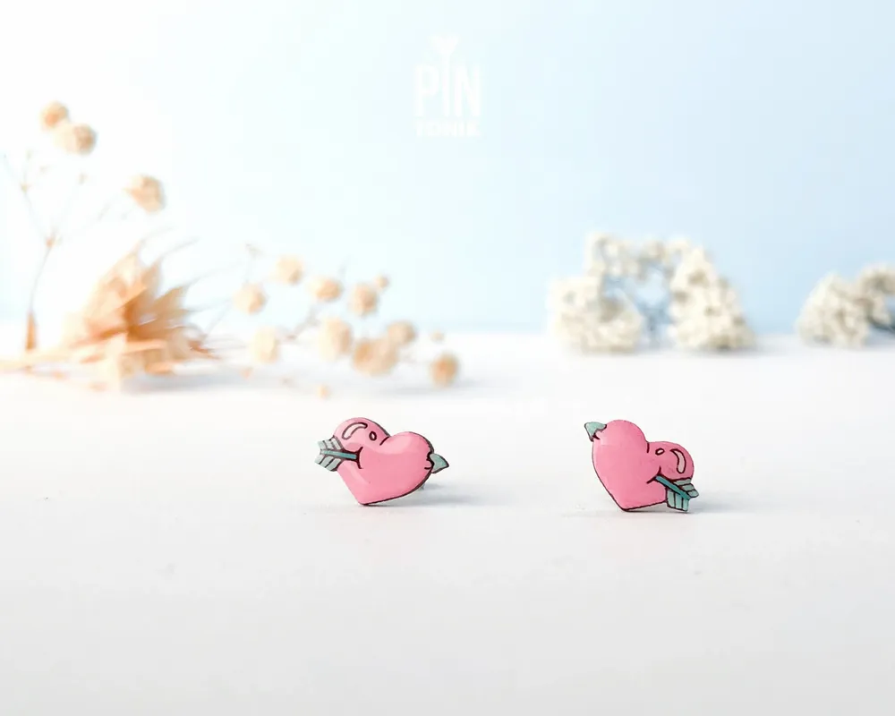 Jewelry - Pink Heart Stud Earrings - Wooden Love Arrow Jewelry - PINTONIK