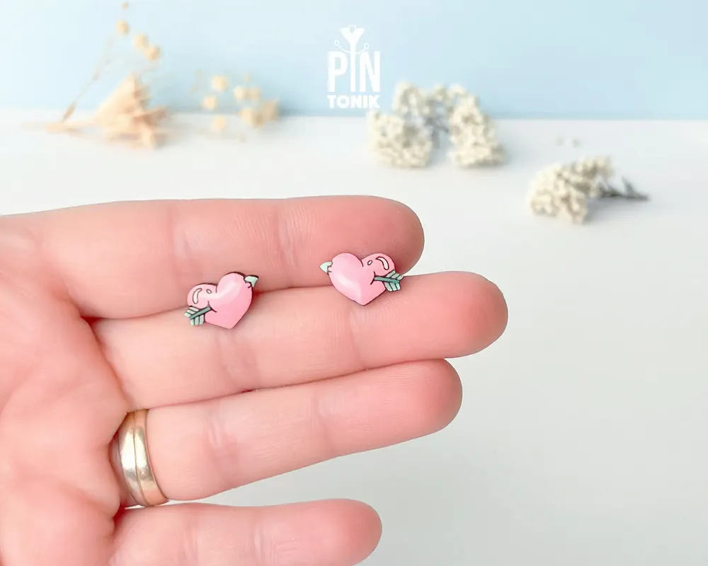 Jewelry - Pink Heart Stud Earrings - Wooden Love Arrow Jewelry - PINTONIK