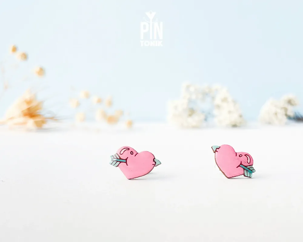 Jewelry - Pink Heart Stud Earrings - Wooden Love Arrow Jewelry - PINTONIK