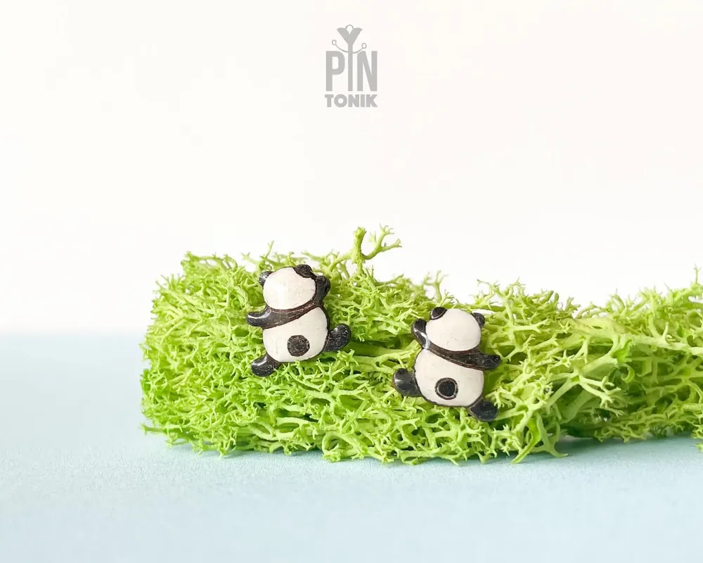 Jewelry - Funny Panda Earrings - Wood & Stainless Steel Animal Jewelry - PINTONIK