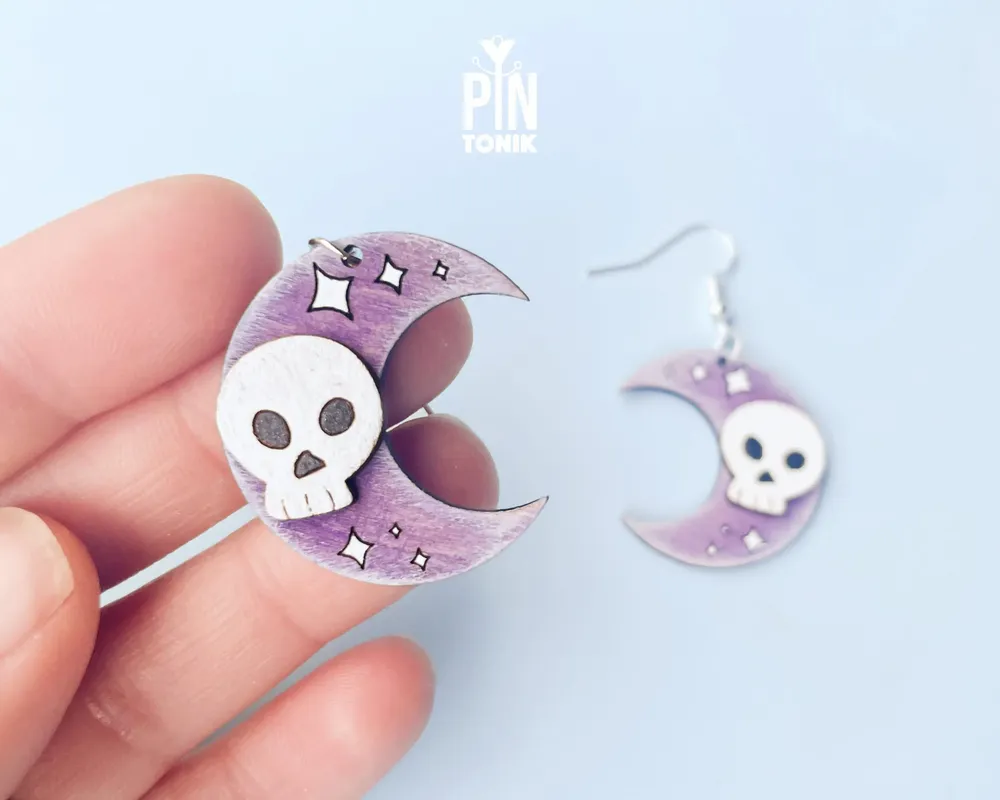 Jewelry - Crescent Moon with Skull Earrings - Spooky Halloween Costume Jewelry - Witchy Gifts - PINTONIK