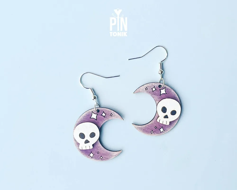 Jewelry - Crescent Moon with Skull Earrings - Spooky Halloween Costume Jewelry - Witchy Gifts - PINTONIK