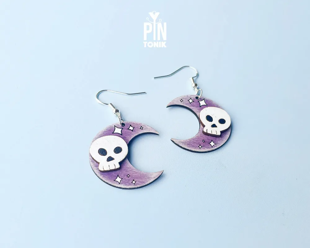 Jewelry - Crescent Moon with Skull Earrings - Spooky Halloween Costume Jewelry - Witchy Gifts - PINTONIK