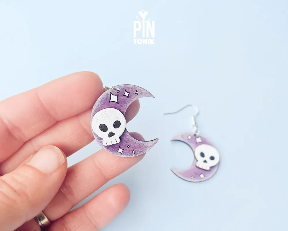 Jewelry - Crescent Moon with Skull Earrings - Spooky Halloween Costume Jewelry - Witchy Gifts - PINTONIK
