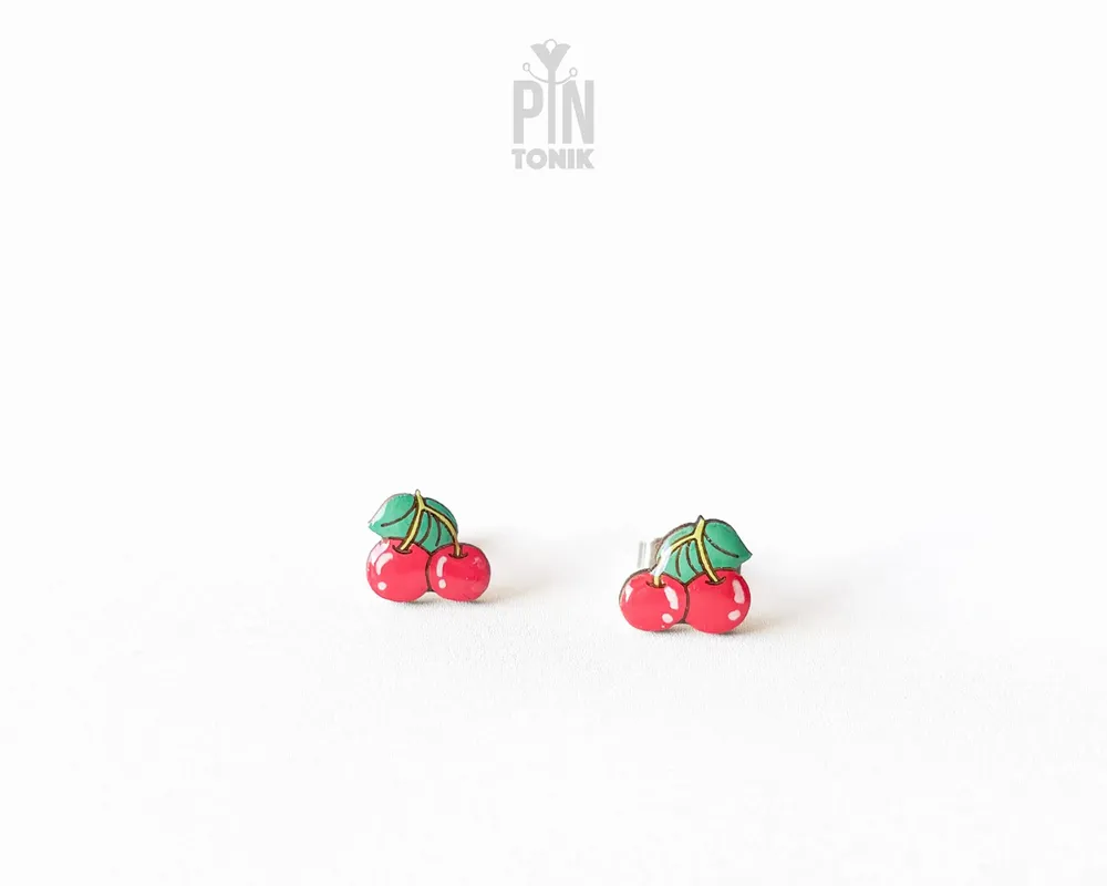 Bijoux - Boucles d'oreilles puces cerise rouge - Bijoux miniatures en forme de fruit - PINTONIK