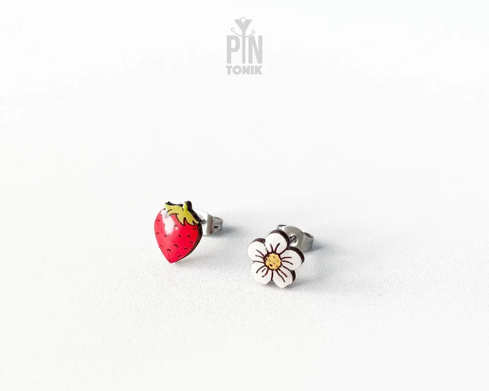 Jewelry - Mismatched Strawberry Earrings - Wood & Stainless Steel Studs - PINTONIK