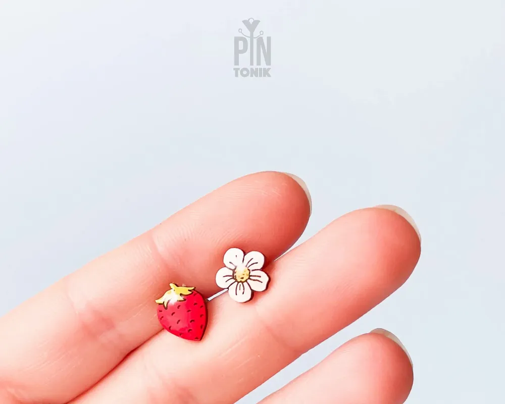 Jewelry - Mismatched Strawberry Earrings - Wood & Stainless Steel Studs - PINTONIK
