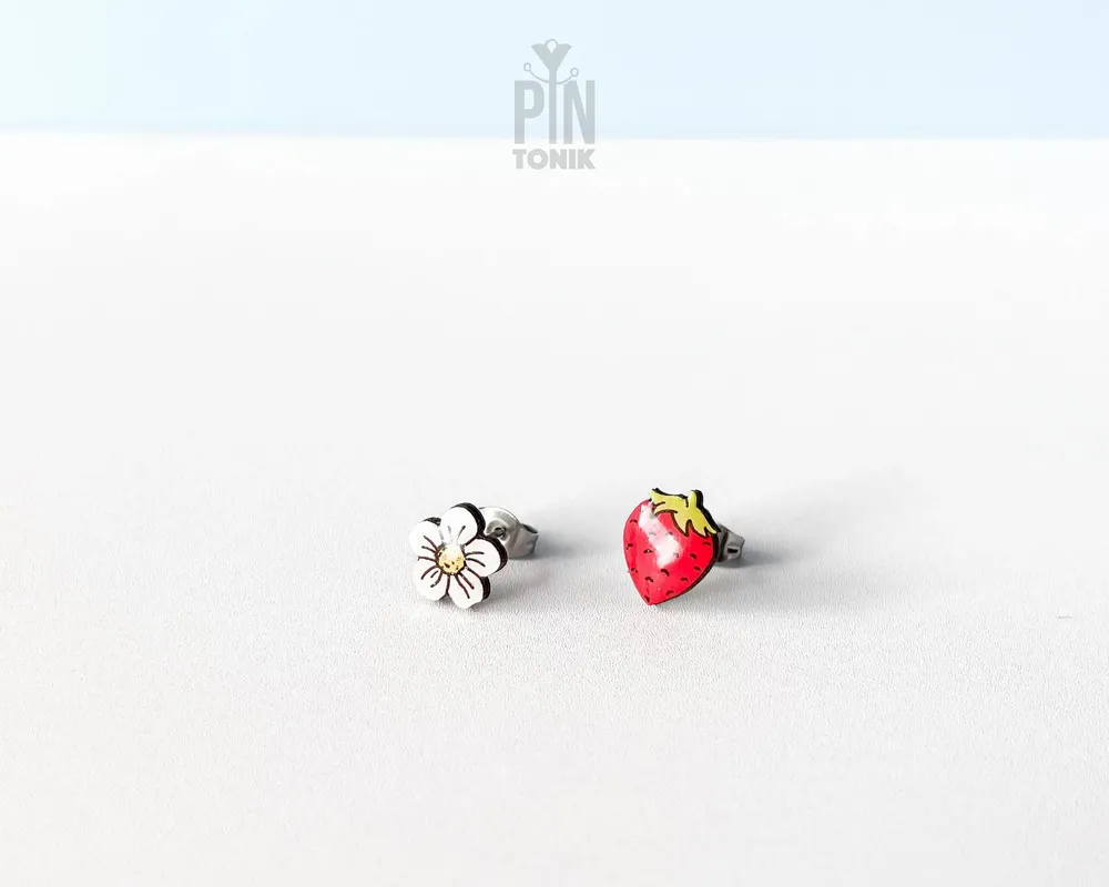 Jewelry - Mismatched Strawberry Earrings - Wood & Stainless Steel Studs - PINTONIK