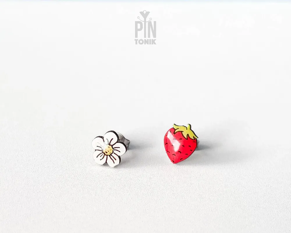 Jewelry - Mismatched Strawberry Earrings - Wood & Stainless Steel Studs - PINTONIK