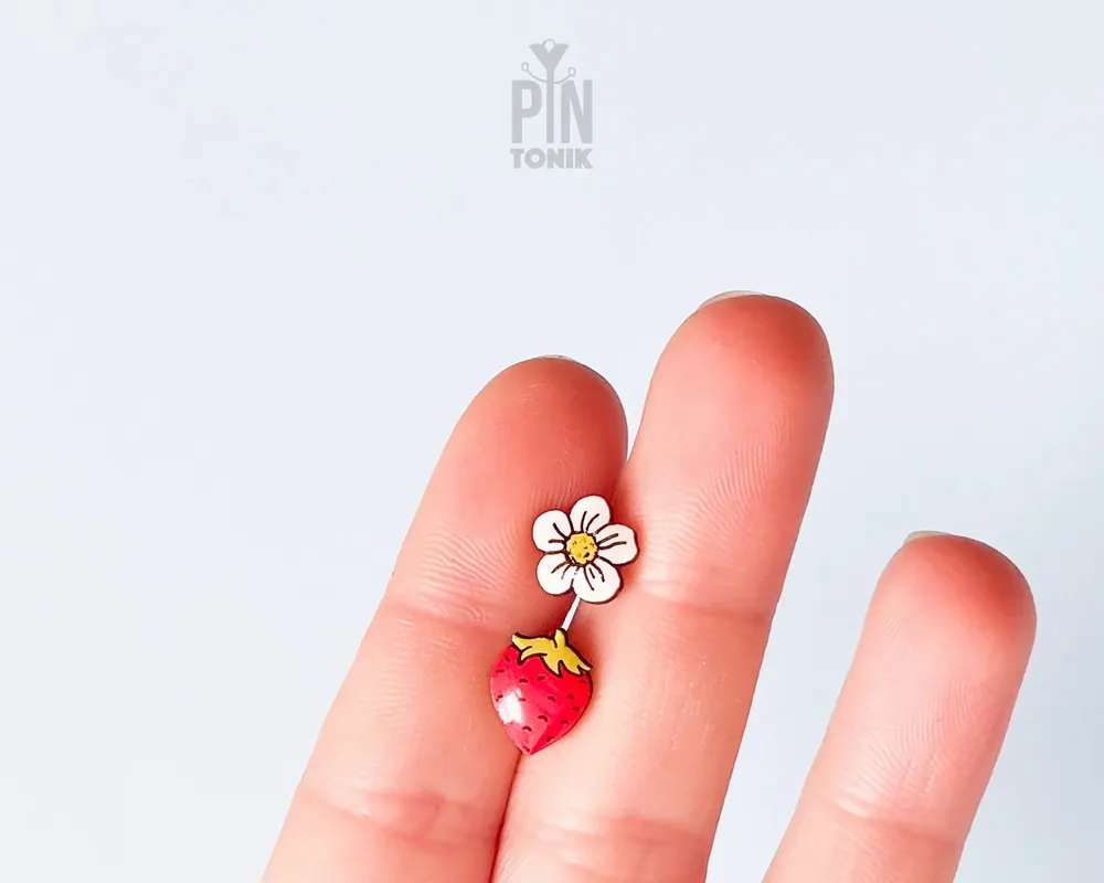 Jewelry - Mismatched Strawberry Earrings - Wood & Stainless Steel Studs - PINTONIK