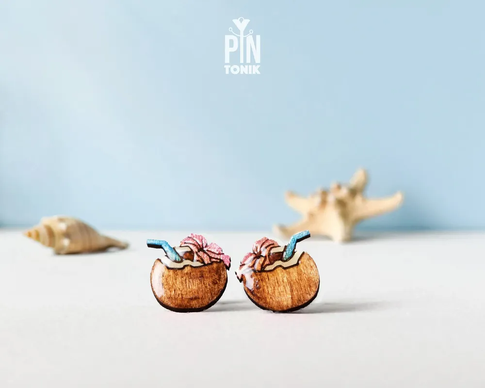 Jewelry - Fun Summer Earrings - Beach Coconut Drink Stud Earrings - Beach Jewelry, Funky Fruit Stud Earrings - PINTONIK
