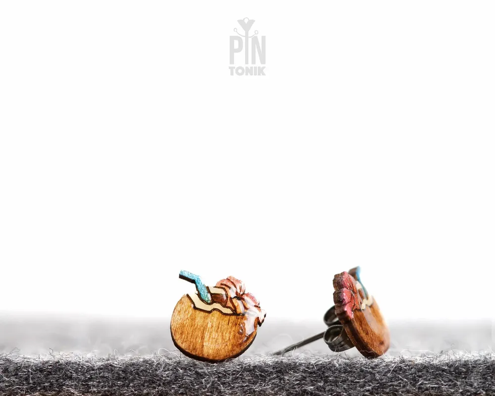 Jewelry - Fun Summer Earrings - Beach Coconut Drink Stud Earrings - Beach Jewelry, Funky Fruit Stud Earrings - PINTONIK