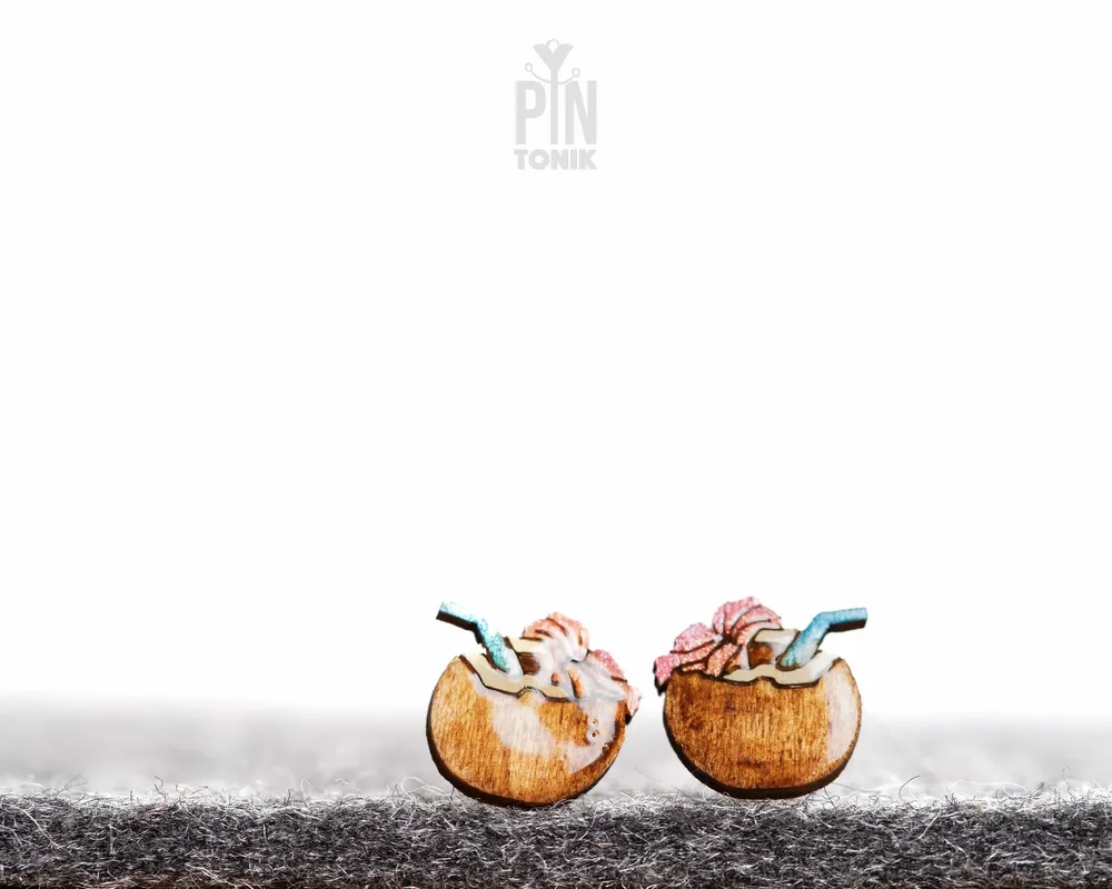 Jewelry - Fun Summer Earrings - Beach Coconut Drink Stud Earrings - Beach Jewelry, Funky Fruit Stud Earrings - PINTONIK