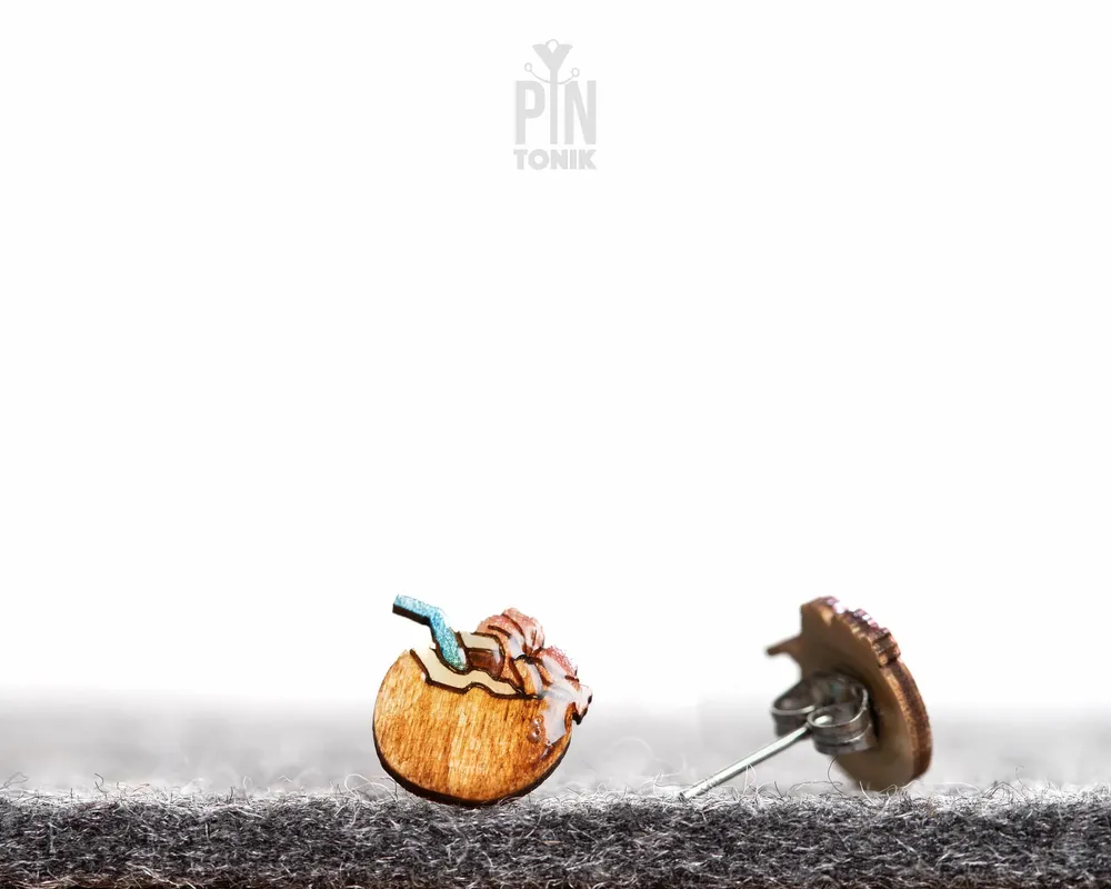 Jewelry - Fun Summer Earrings - Beach Coconut Drink Stud Earrings - Beach Jewelry, Funky Fruit Stud Earrings - PINTONIK