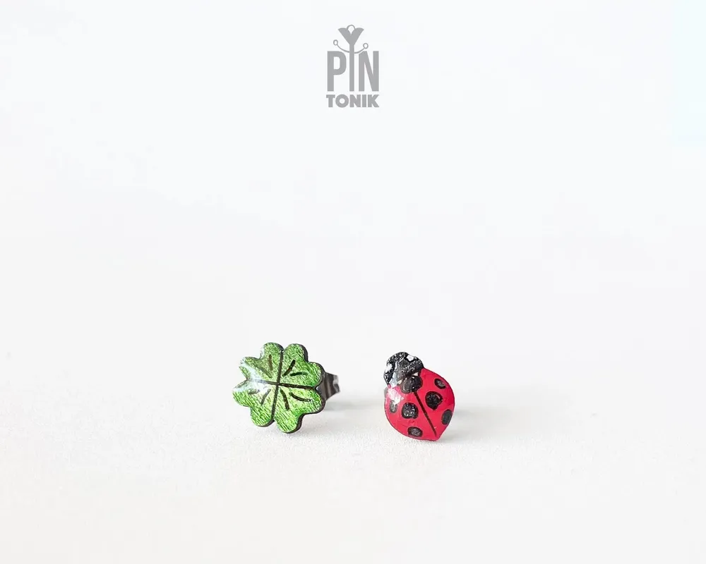Jewelry - Good Luck Ladybug Earrings - Ladybird Beetle Stud Earrings - Tiny Insect Jewelry - Four Leaf Clover - PINTONIK