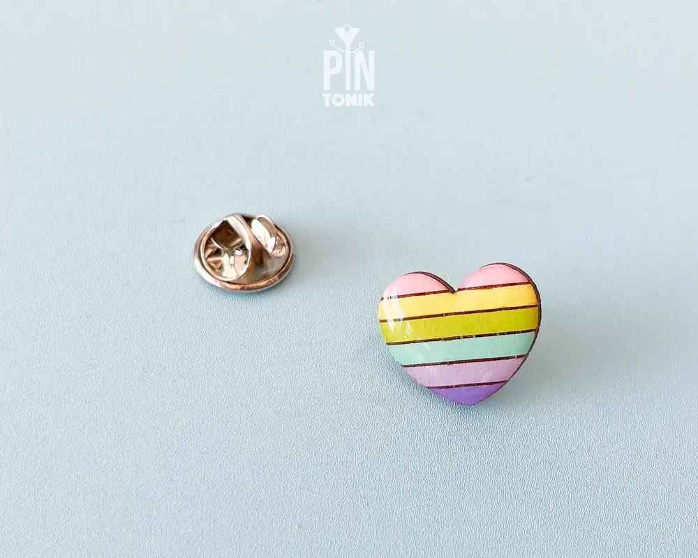 Jewelry - Pastel Rainbow Hearts Pin - Collar Brooch - Valentine's Day Wooden Badge - PINTONIK