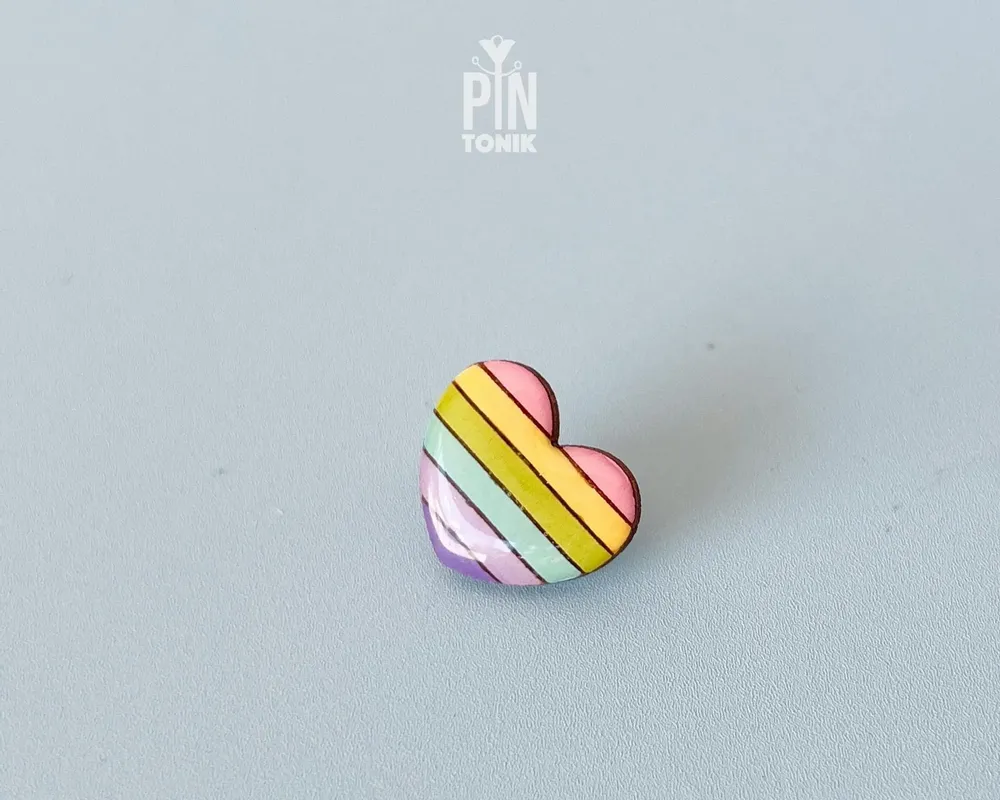 Jewelry - Pastel Rainbow Hearts Pin - Collar Brooch - Valentine's Day Wooden Badge - PINTONIK