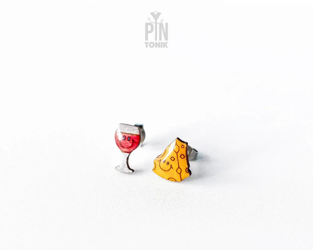 Jewelry - Wine and Cheese Mismatched Earrings - Kawaii Funky Earrings - Weird Gifts for 30th birthday or New Mom - PINTONIK