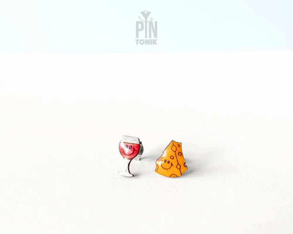 Jewelry - Wine and Cheese Mismatched Earrings - Kawaii Funky Earrings - Weird Gifts for 30th birthday or New Mom - PINTONIK