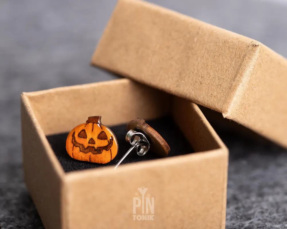 Bijoux - Boucles d'oreilles Jack O'Lantern - Bijoux d'Halloween originaux en bois - PINTONIK
