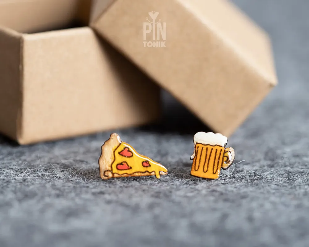 Bijoux - Boucles d'oreilles originales dépareillées pizza et bière - Boucles d'oreilles funky Oktoberfest - Cadeaux d'anniversaire miniatures gourmands et amusants - PINTONIK