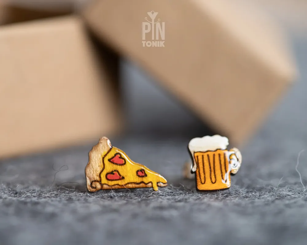 Bijoux - Boucles d'oreilles originales dépareillées pizza et bière - Boucles d'oreilles funky Oktoberfest - Cadeaux d'anniversaire miniatures gourmands et amusants - PINTONIK