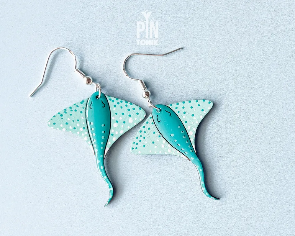 Jewelry - Mint Stingray Earrings - Sea Life Wooden Manta Ray - Sterling Silver - PINTONIK