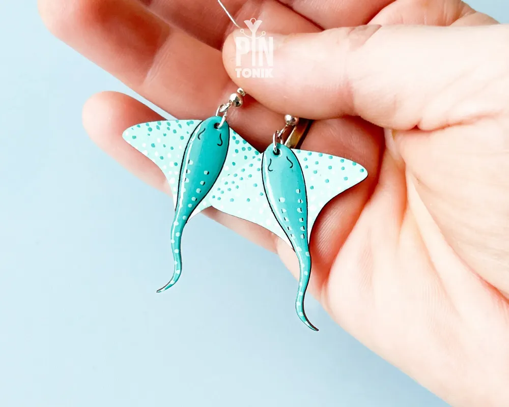 Jewelry - Mint Stingray Earrings - Sea Life Wooden Manta Ray - Sterling Silver - PINTONIK