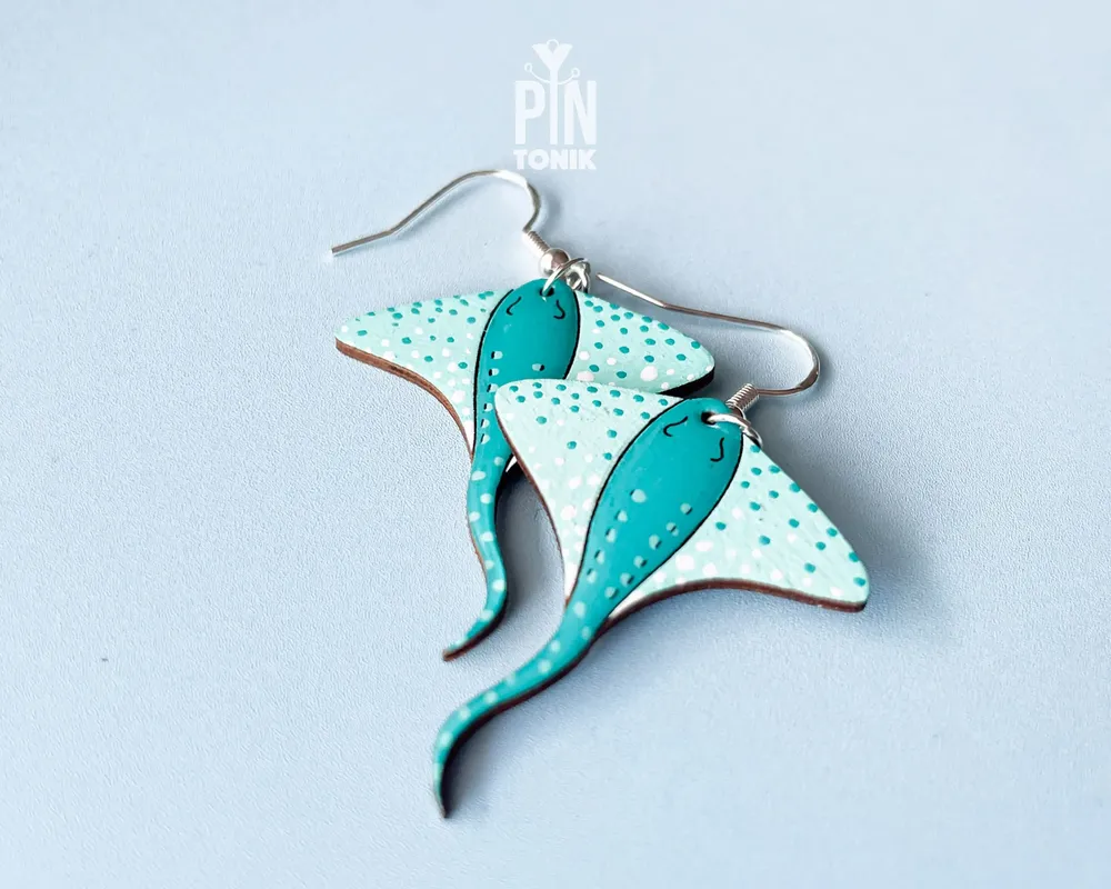 Jewelry - Mint Stingray Earrings - Sea Life Wooden Manta Ray - Sterling Silver - PINTONIK