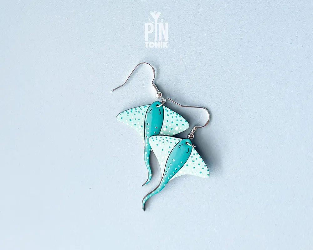 Jewelry - Mint Stingray Earrings - Sea Life Wooden Manta Ray - Sterling Silver - PINTONIK