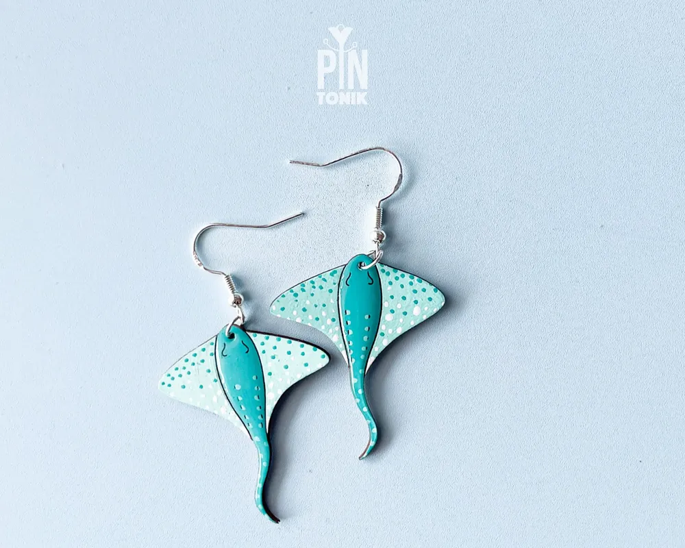 Jewelry - Mint Stingray Earrings - Sea Life Wooden Manta Ray - Sterling Silver - PINTONIK