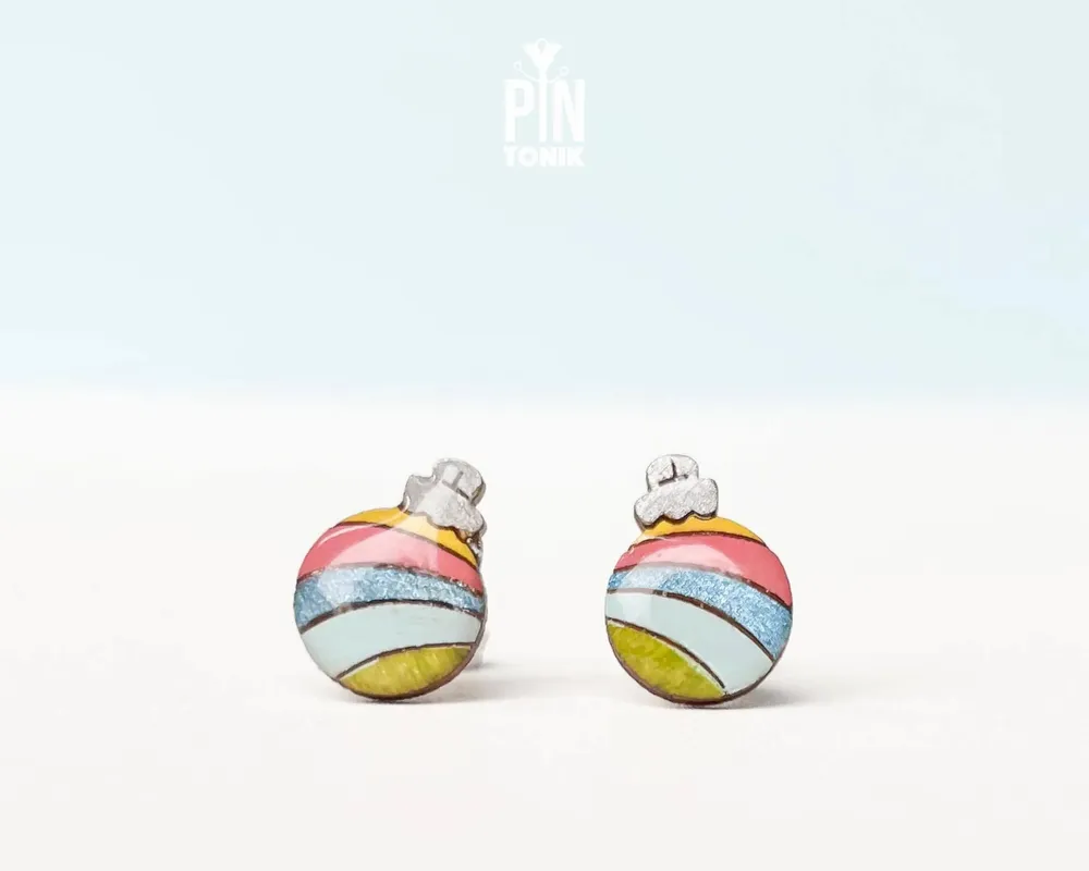 Jewelry - Retro Christmas Ornament Earrings with Rainbow - Christmas Stocking Stuffer - PINTONIK