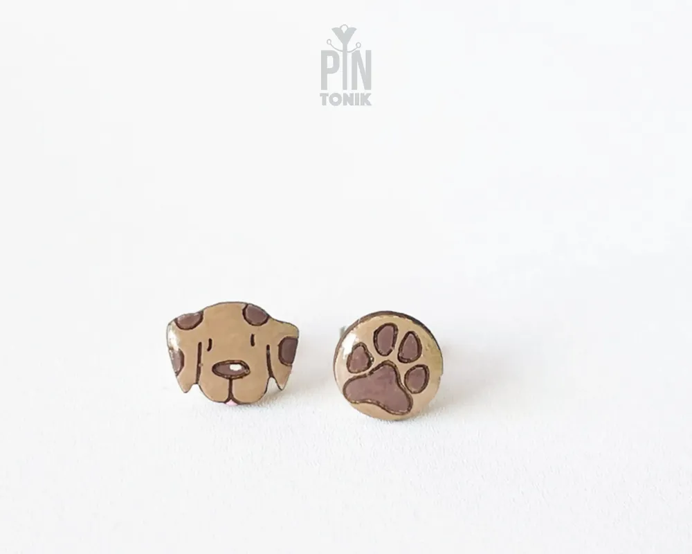 Jewelry - Mismatched Dog Paw Earrings - Wooden Studs, Stainless Steel Base - PINTONIK