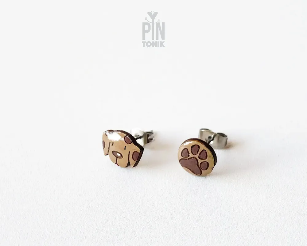 Jewelry - Mismatched Dog Paw Earrings - Wooden Studs, Stainless Steel Base - PINTONIK