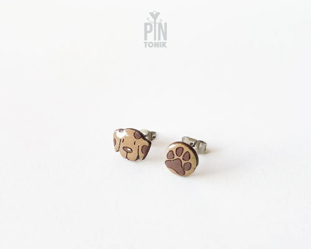 Jewelry - Mismatched Dog Paw Earrings - Wooden Studs, Stainless Steel Base - PINTONIK