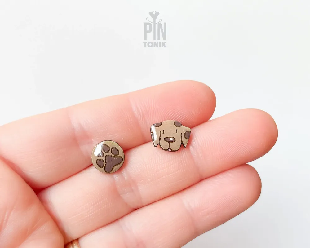 Jewelry - Mismatched Dog Paw Earrings - Wooden Studs, Stainless Steel Base - PINTONIK