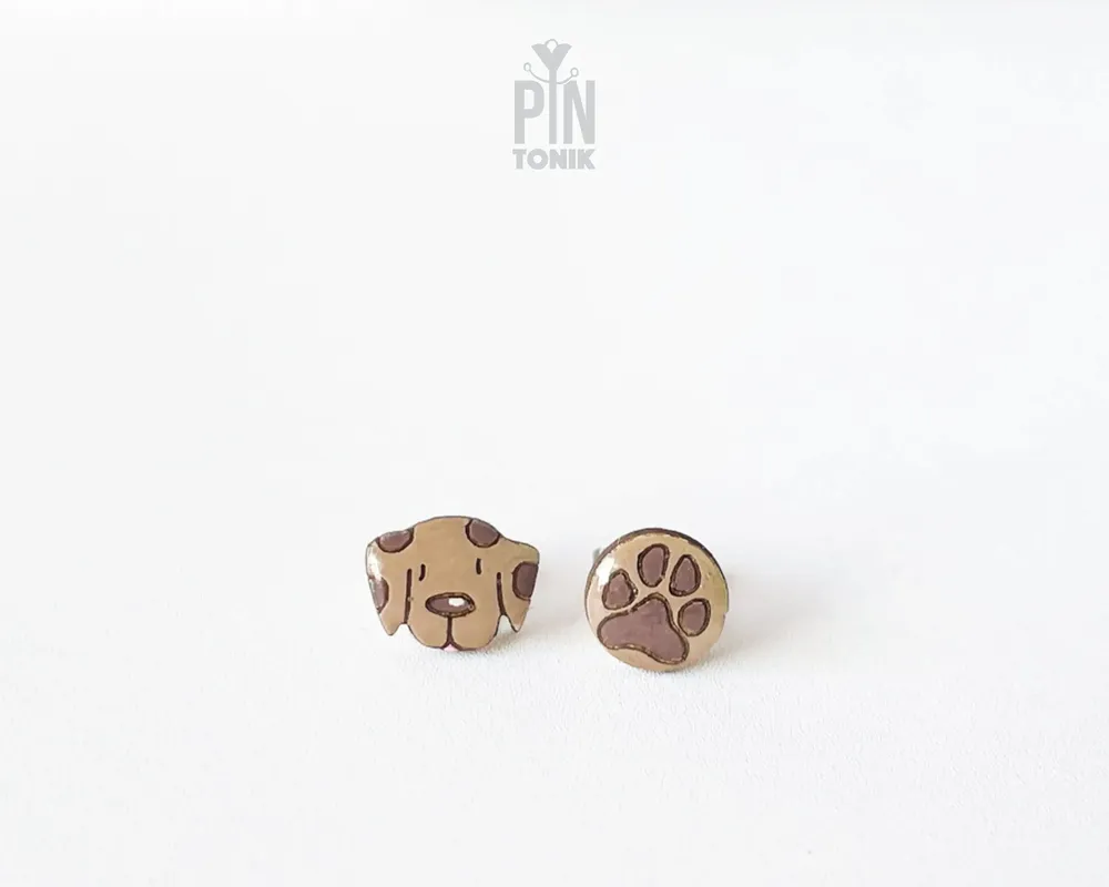 Jewelry - Mismatched Dog Paw Earrings - Wooden Studs, Stainless Steel Base - PINTONIK