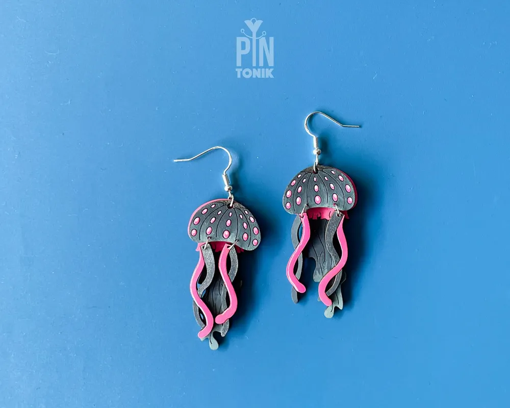 Bijoux - Boucles d'oreilles méduses néon - Bois coloré et argent sterling - PINTONIK