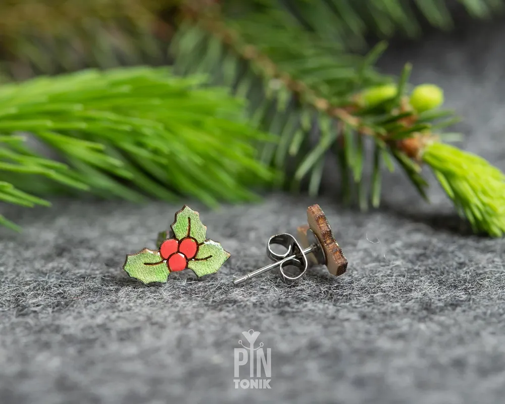 Jewelry - Holly Christmas Earrings - Holiday Jewelry Stocking Stuffer - Fun Secret Santa Gift - PINTONIK
