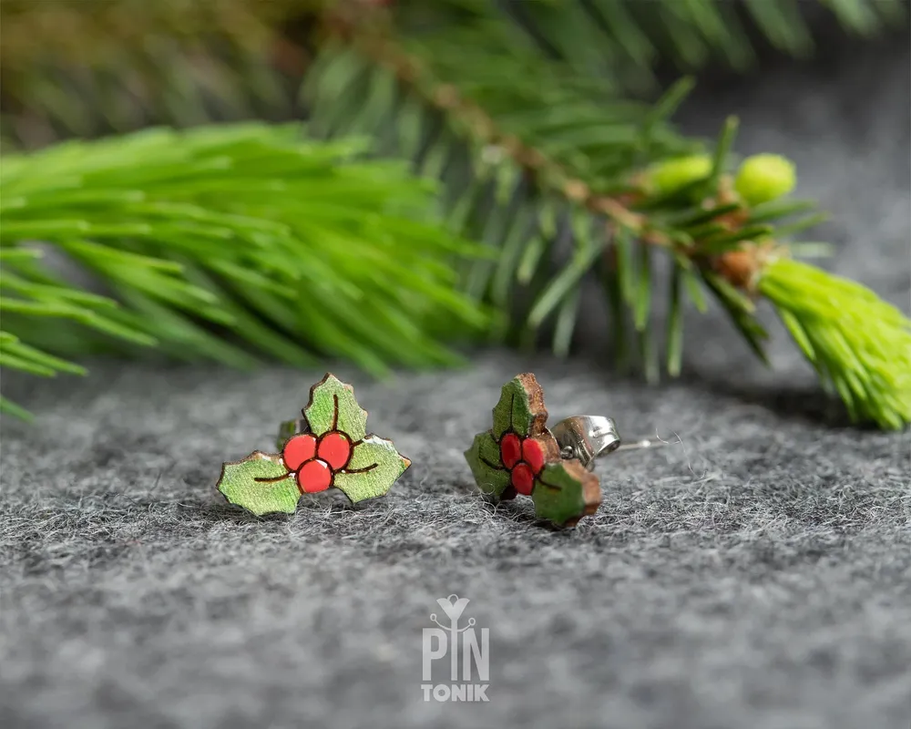 Jewelry - Holly Christmas Earrings - Holiday Jewelry Stocking Stuffer - Fun Secret Santa Gift - PINTONIK