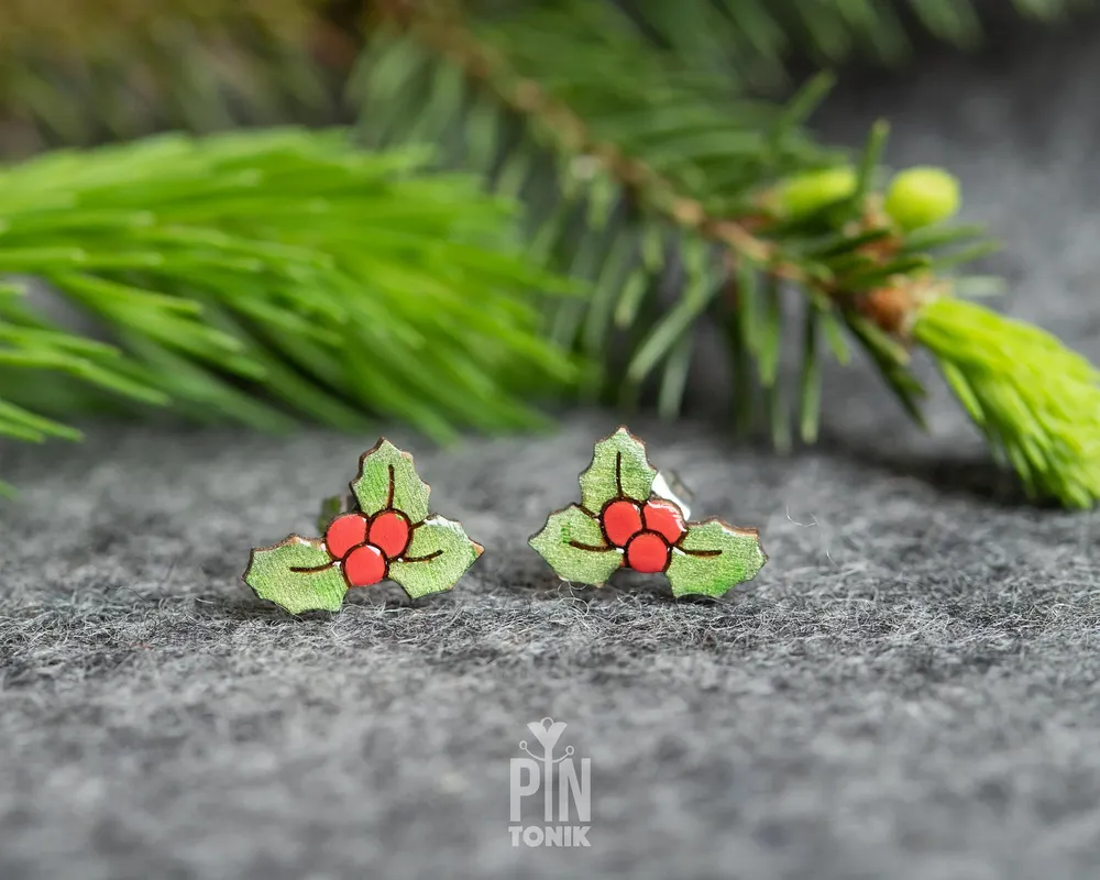 Jewelry - Holly Christmas Earrings - Holiday Jewelry Stocking Stuffer - Fun Secret Santa Gift - PINTONIK