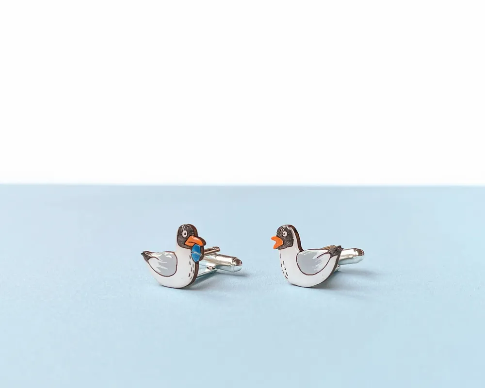 Bijoux - Boutons de manchette fantaisie en forme de mouette - Bois peint à la main et acier inoxydable - PINTONIK