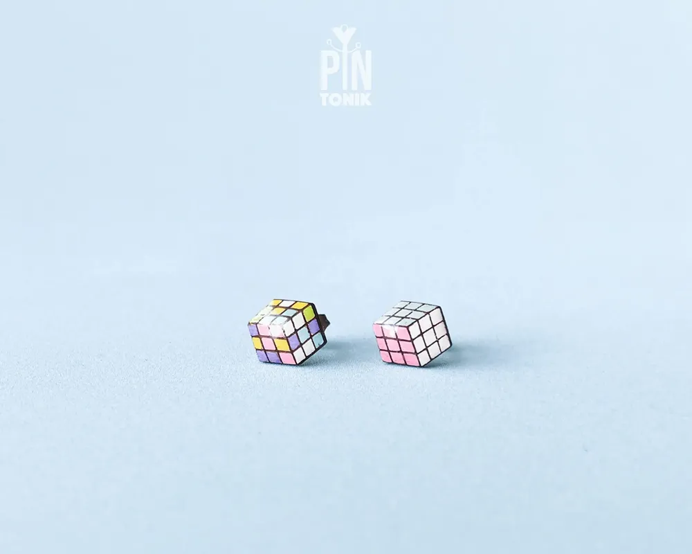 Jewelry - Rubik's Cube Retro Earrings - Funky Mismatched 90s Jewelry - Nerdy 80s Stud Earrings - PINTONIK