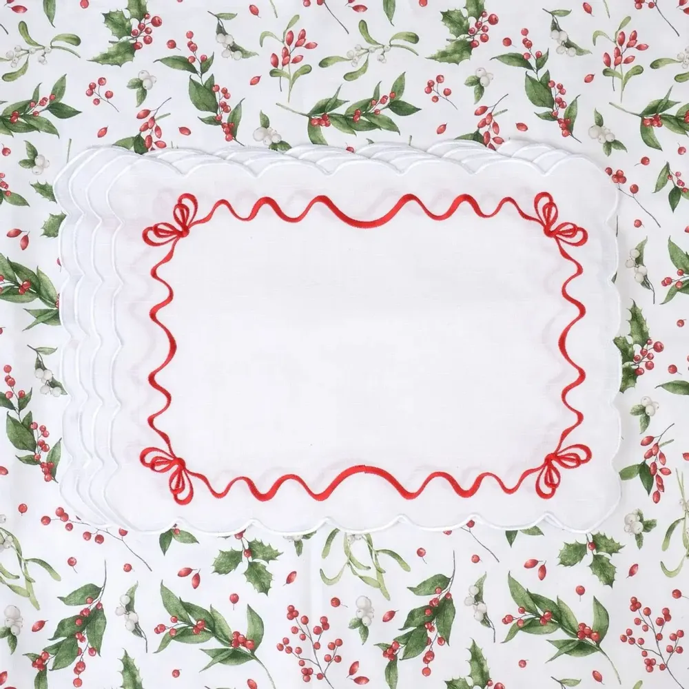 Sets de table - Sets de table brodés Red Christmas Bows – Collection textile festive - ROSEBERRY HOME