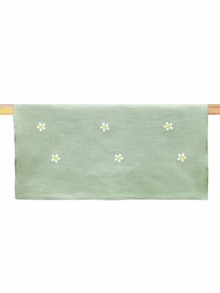 Table linen - Embroidered Linen Table Runner | PRATOLINE Sage Green - GIARDINO SEGRETO