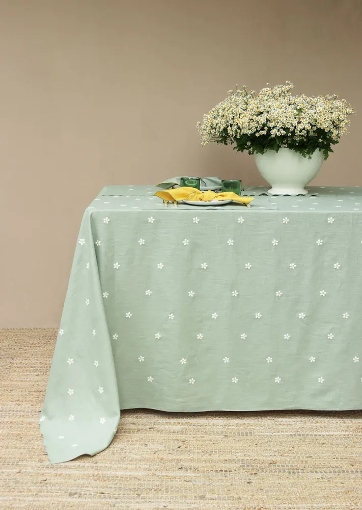 Table linen - Embroidered Linen Tablecloth | PRATOLINE Sage Green - GIARDINO SEGRETO
