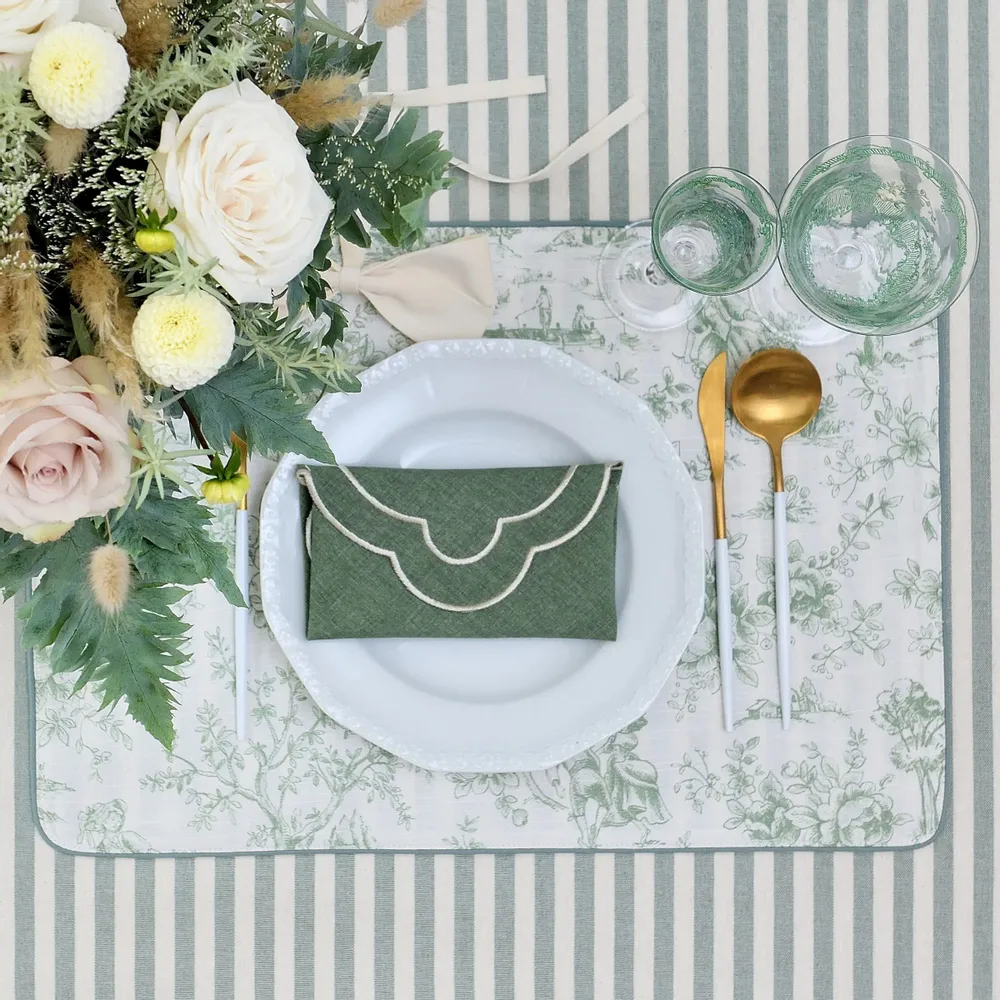 Placemats - Double-Sided Toile de Jouy Green & Stripes Placemats - ROSEBERRY HOME